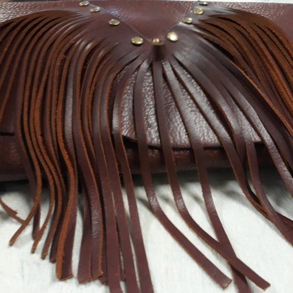 Brown Boho Style Leather Clutch Bag w/ Tassel Detail/ Handcrafted by J.Monique - Picture 5 of 5